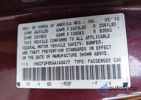 2010 Honda Accord 2.4 Ex-L z USA, uszkodzony, nr VIN 1HGCP2F85AA140477